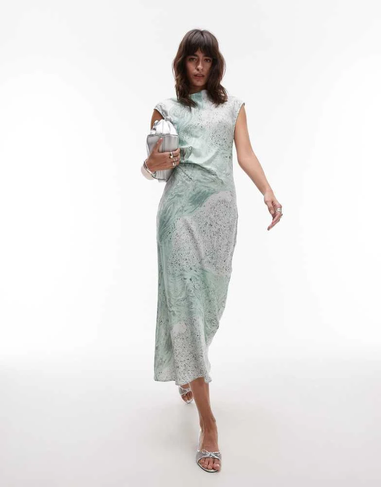 & Other Stories & Other Stories bias cut satin midi dress with drape detail in green oil print 1