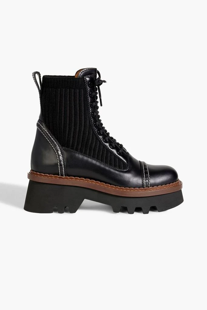 Chloé Owena ribbed-knit and leather platform ankle boots 1
