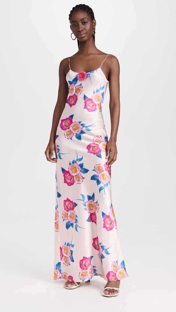 Rodarte Pink and Blue Rose Printed Silk Bias Long Slip Dress