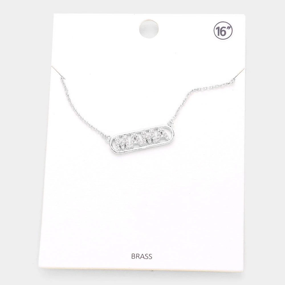 FASHNZFAB MAMA Brass Metal Rhinestone Embellished Message Pendant Necklace