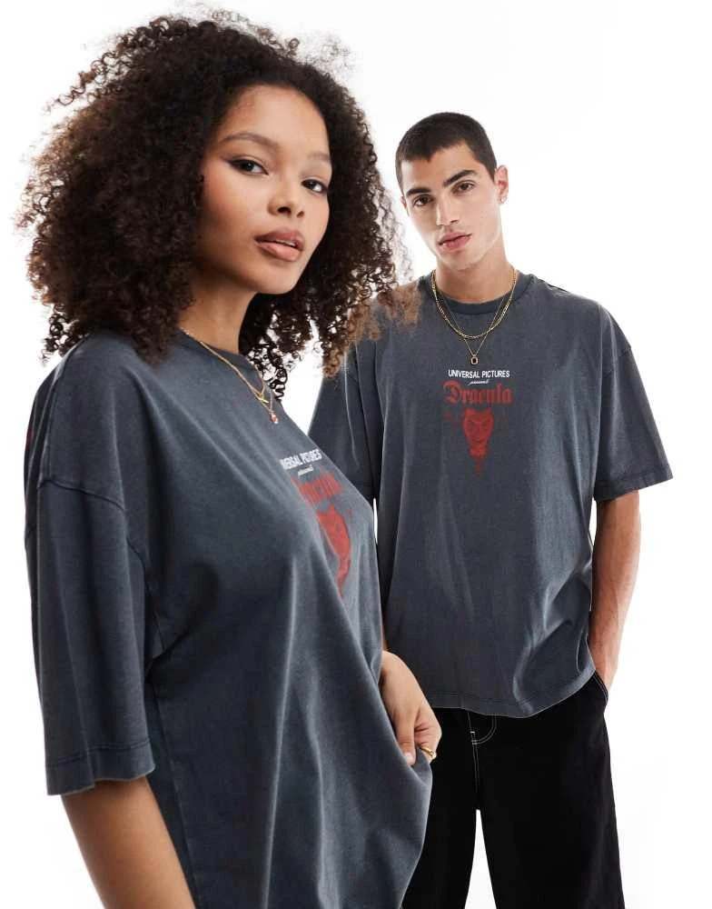 ASOS ASOS DESIGN Halloween unisex oversized t-shirt with Dracula prints in washed black 2