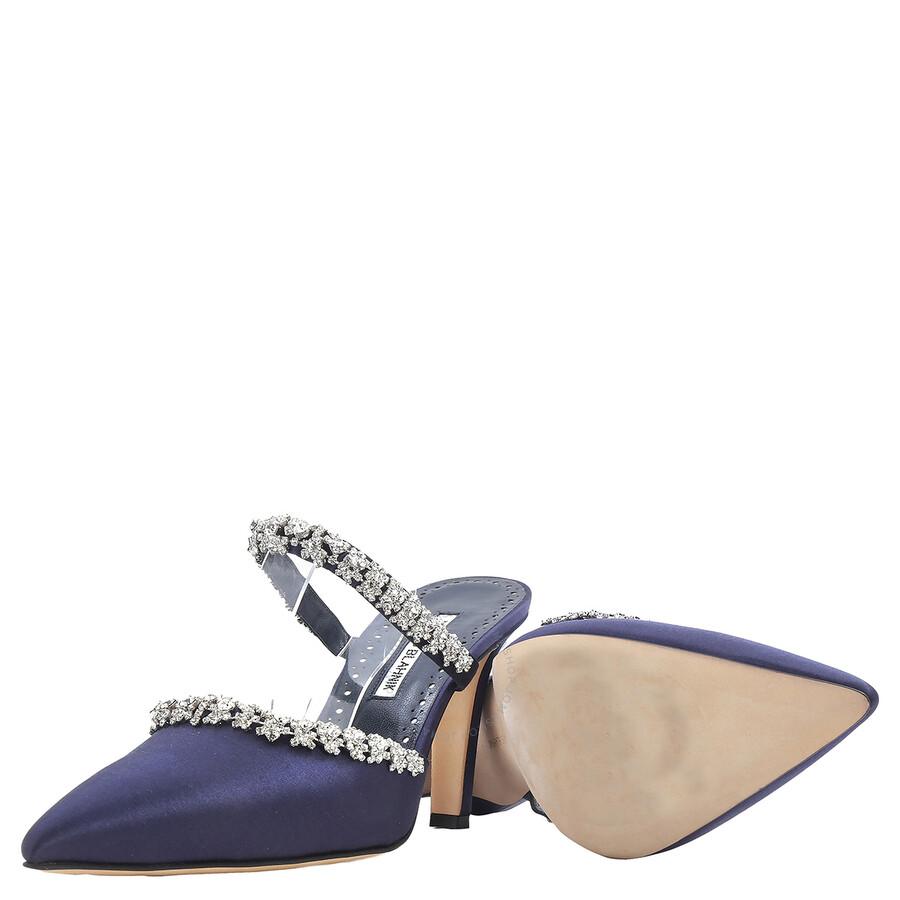 Manolo Blahnik Navy Vedadamu Satin Crystal Embellished Mules