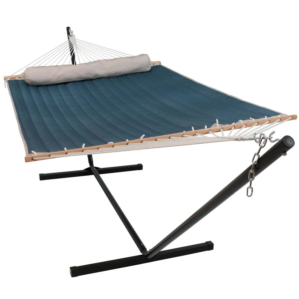 Sunnydaze 2-Person Outdoor Quilted Fabric Hammock with Spreader Bars with Freestanding Stand and Detachable Pillow - 350 lb Capacity - Tidal Wave 1