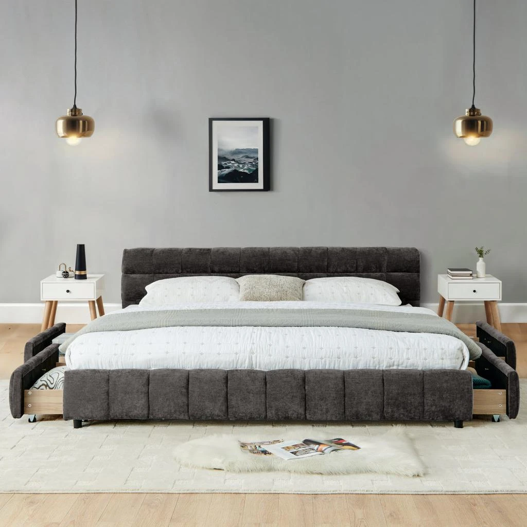 Streamdale Furniture Streamdale California King Upholstered Bed with Storage Drawer - Dark Gray 2