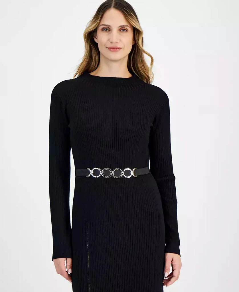 Robbie Bee Women's Ribbed Belted Side-Slit Sweater Dress 4