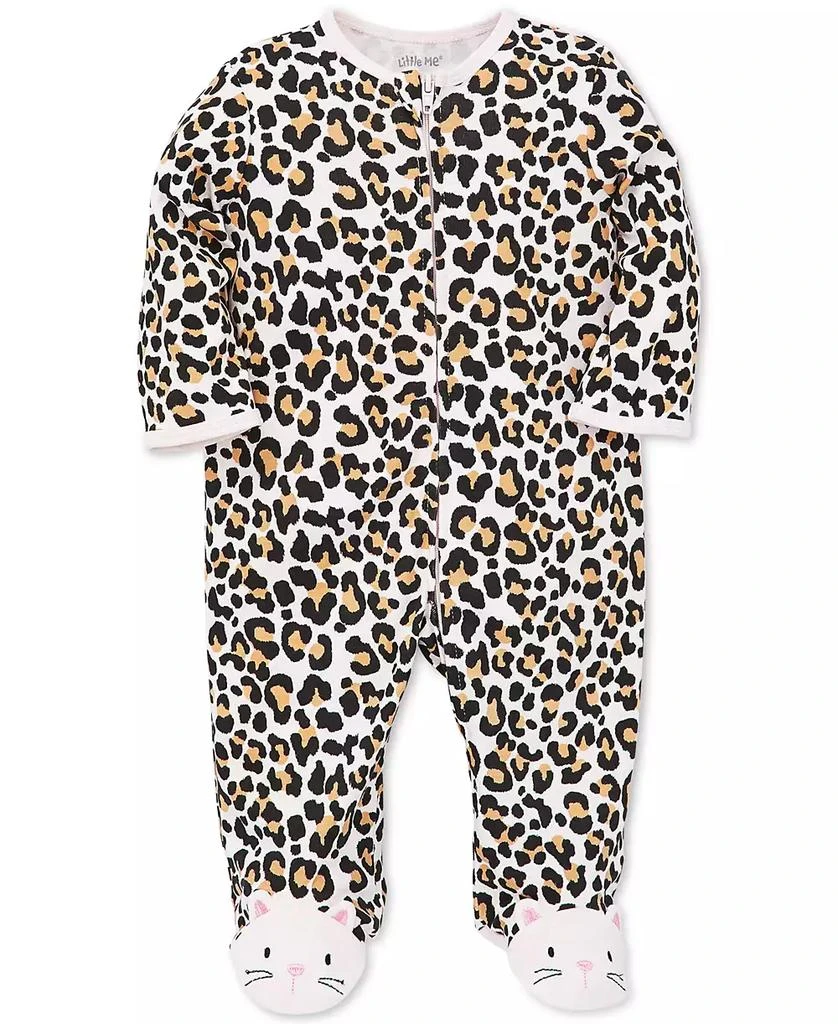 Little Me Baby Girls Animal Print Footed Coverall With Cat Applique 1