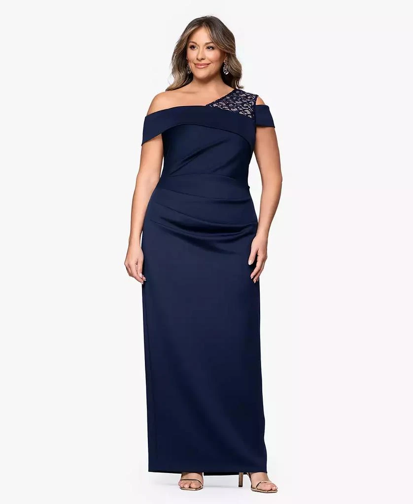B&A By Betsy and Adam Plus Size Long Asymmetrical Neck Ball Gown