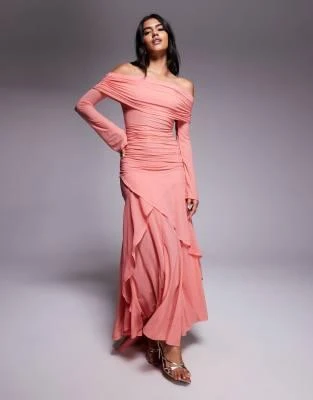 ASOS DESIGN stretch chiffon long sleeve bardot maxi dress with ruffle hem  in coral  On Sale Now with Up to 35% Off | Discover Exclusive Deals &  Savings at BeyondStyle