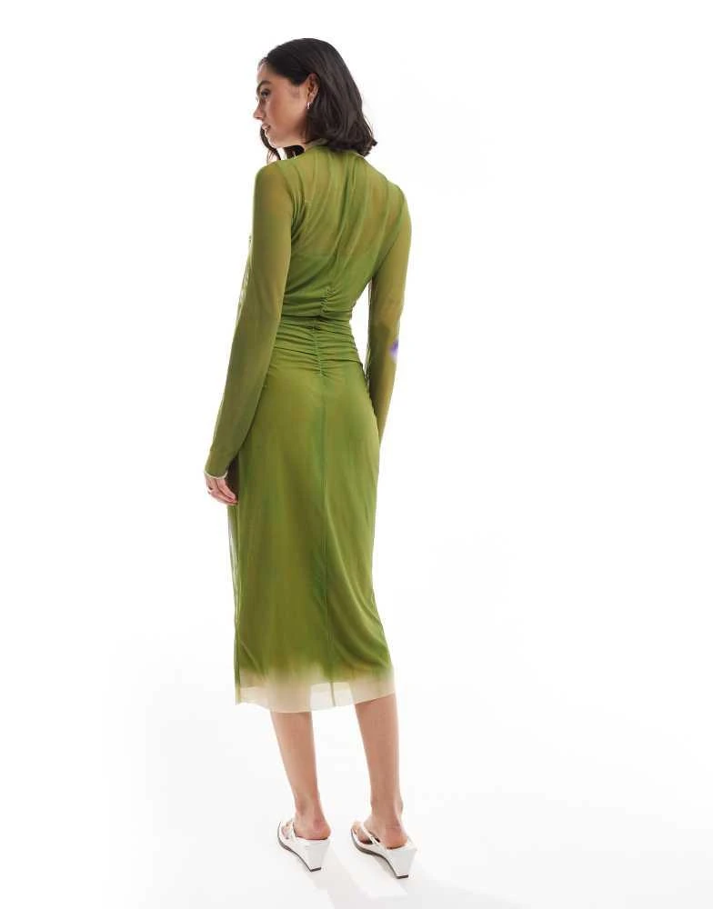 Edited Edited long sleeve mesh midi dress in olive green floral 4