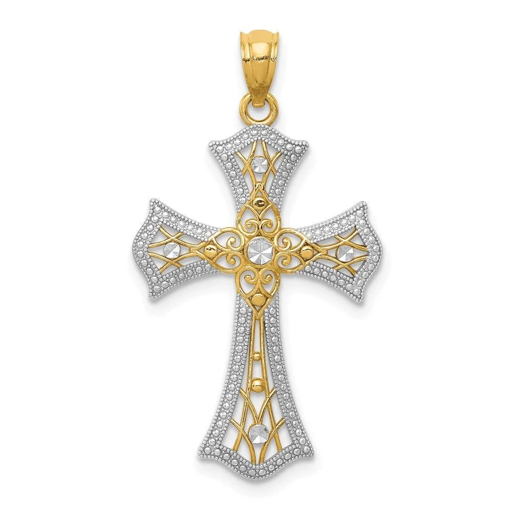 Diamond2Deal 14k Yellow Gold Rhodium Diamond-Cut Cross Pendant