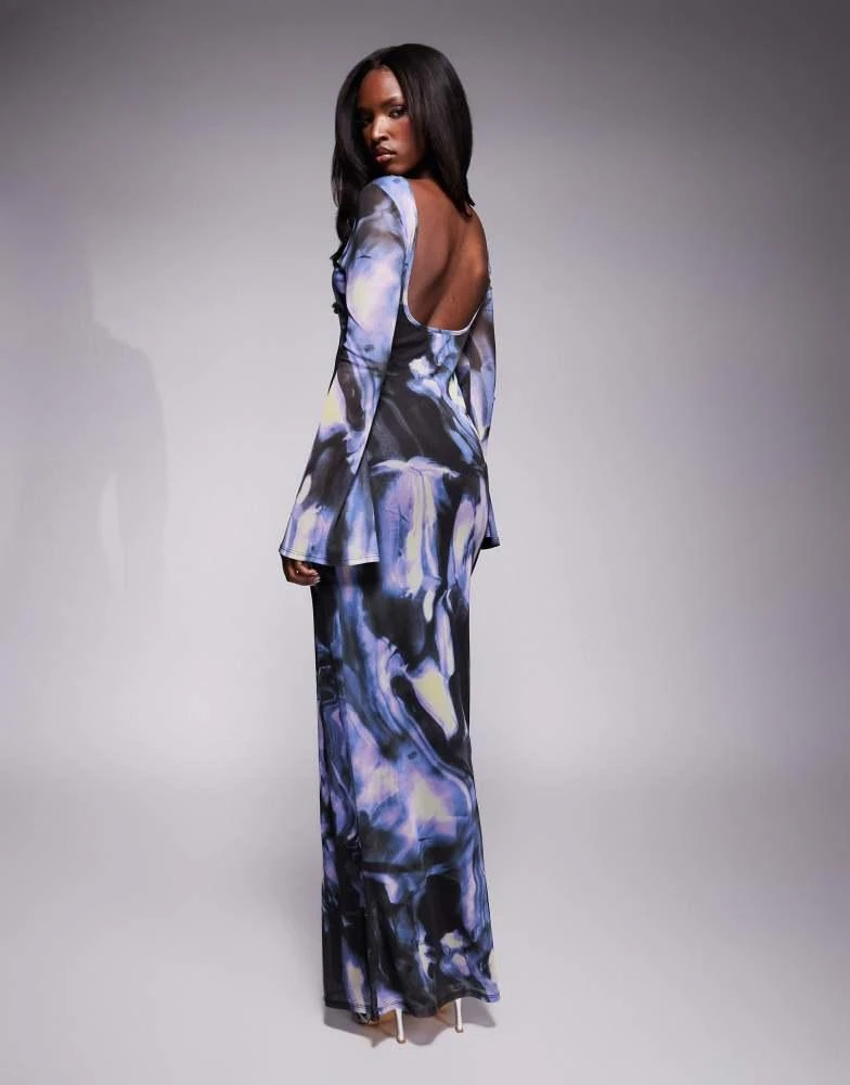 ASOS ASOS DESIGN low back floral mesh maxi dress with angel sleeves in blue abstract print 3