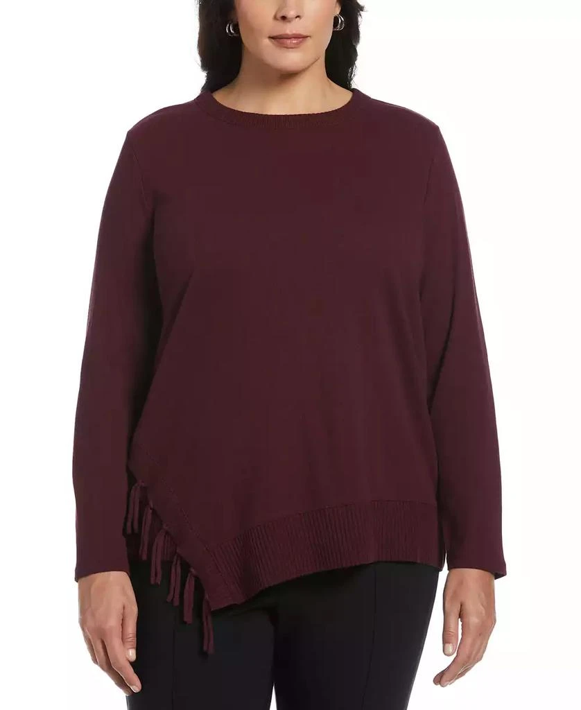 Rafaella Plus Size Ribbed Asymmetrical Fringe Hem Long Sleeve Top 1