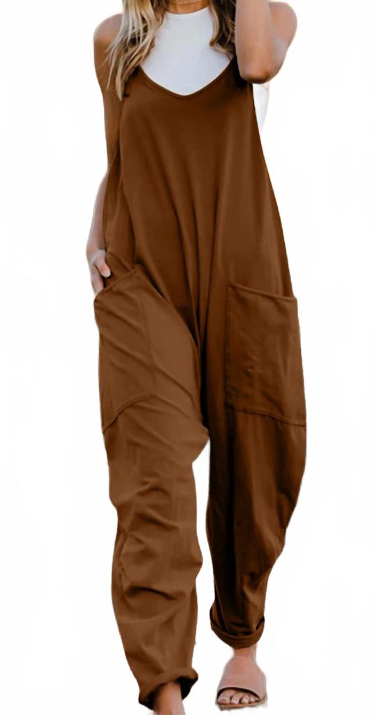 Double Take Full Size V-Neck Sleeveless Jumpsuit With Pockets In Coffee Brown
