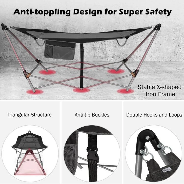 QuikFurn Black Portable Camping Foldable Hammock with Stand and Carry Case 5