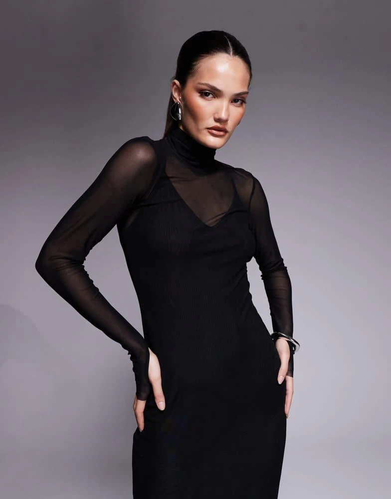knee length dresses for ladies Black Mesh Panel Midi Dress With Ruffle Trim And High Neck Wedding Gue –  VOS LEE