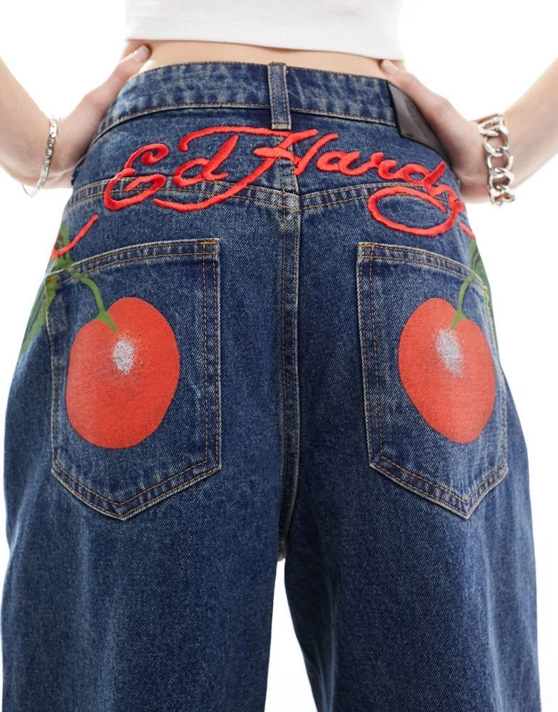 Ed Hardy Ed Hardy relaxed skater longline denim shorts with peachy bum print 5