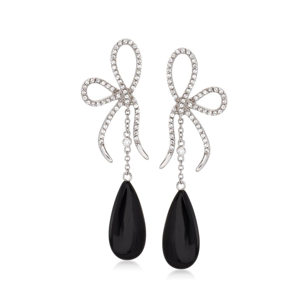 Ross-Simons Ross-Simons Black Onyx and CZ Bow Drop Earrings in Sterling Silver