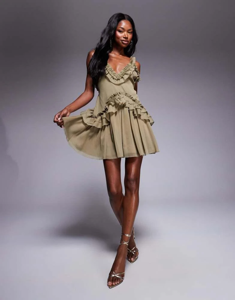 ASOS DESIGN ruffle strap detail mini dress with gold trim in khaki  On  Sale Now with Up to 11% Off | Discover Exclusive Deals & Savings at  BeyondStyle  Authentic ASOS