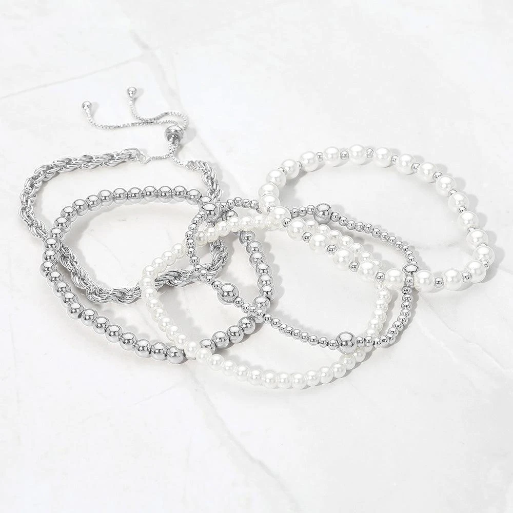 FASHNZFAB 5PCS - Pearl Metal Beaded Twisted Chain Adjustable Stretch Multi Layered Bracelets 4
