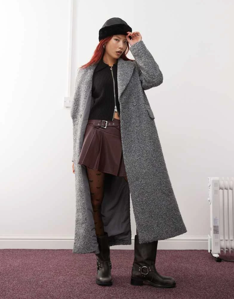 Monki Monki textured long double breasted coat in grey 1