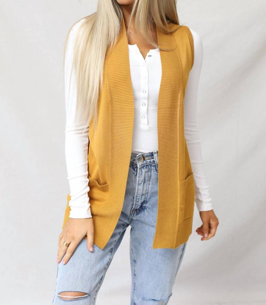 CIELO Gentry Open Front Sleeveless Cardigan In Mustard