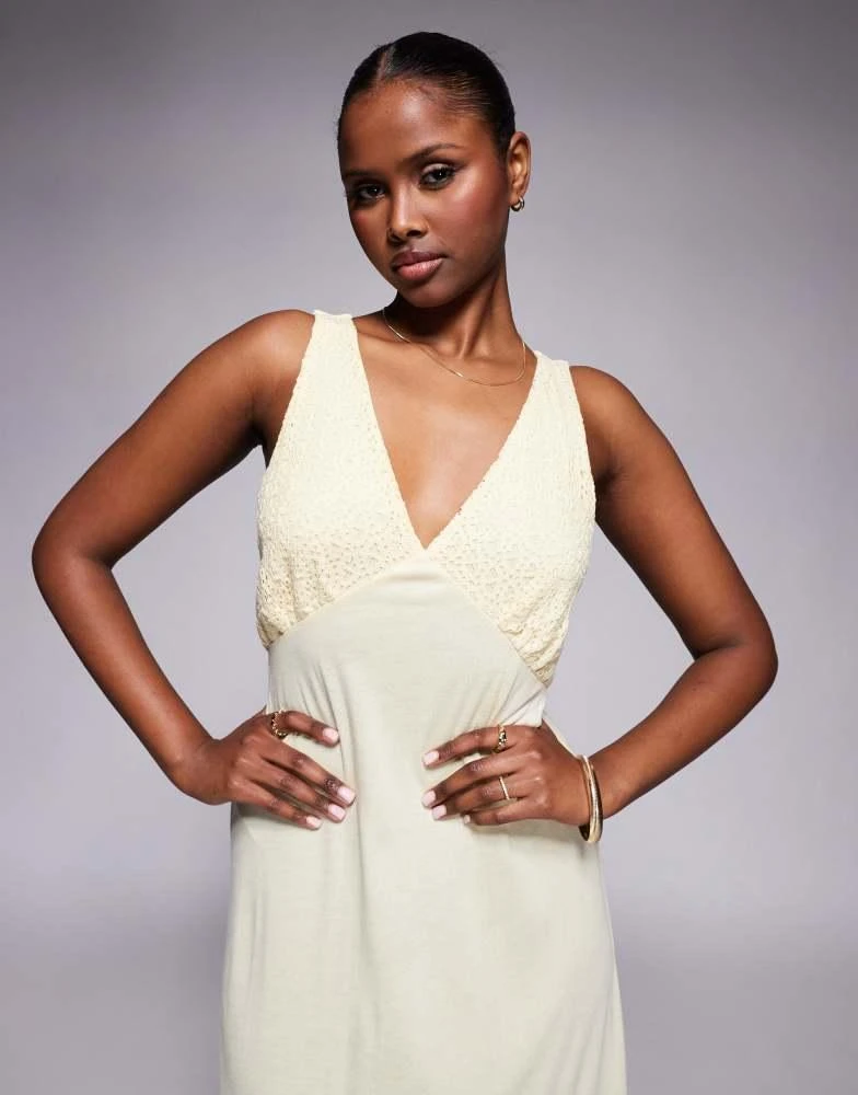 ASOS Design v neck lace bodice midi dress in buttermilk-Yellow ASOS Design v neck lace bodice midi dress in buttermilk-Yellow