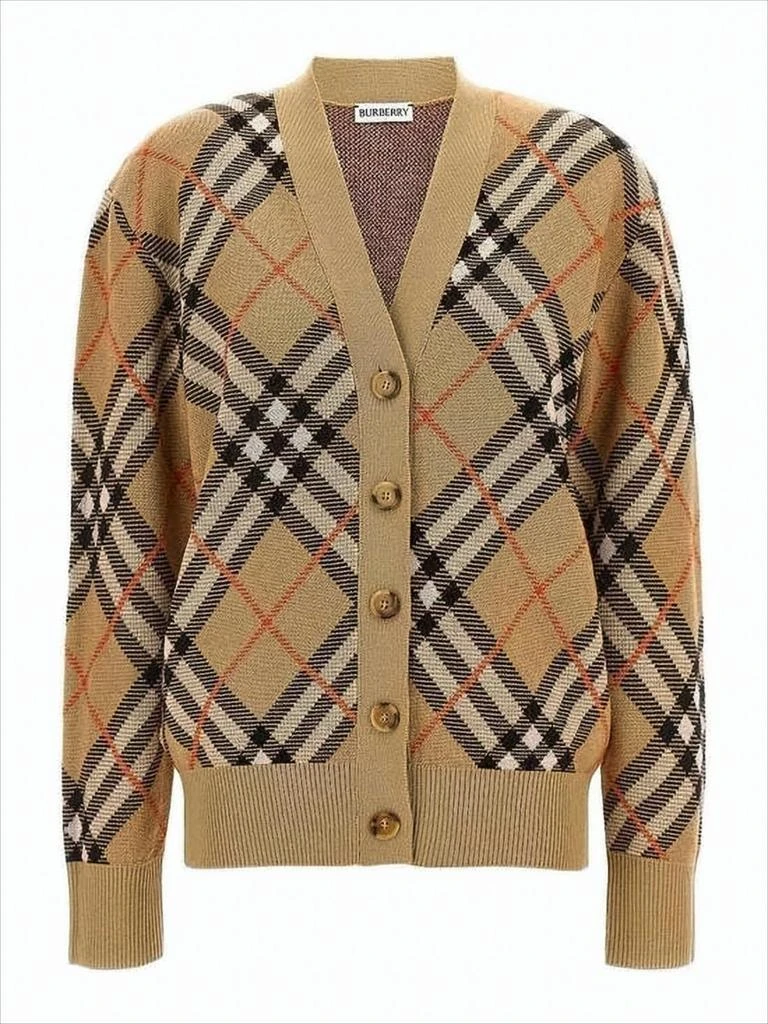 Burberry Beige Check Pattern Cardigan with V-Neckline