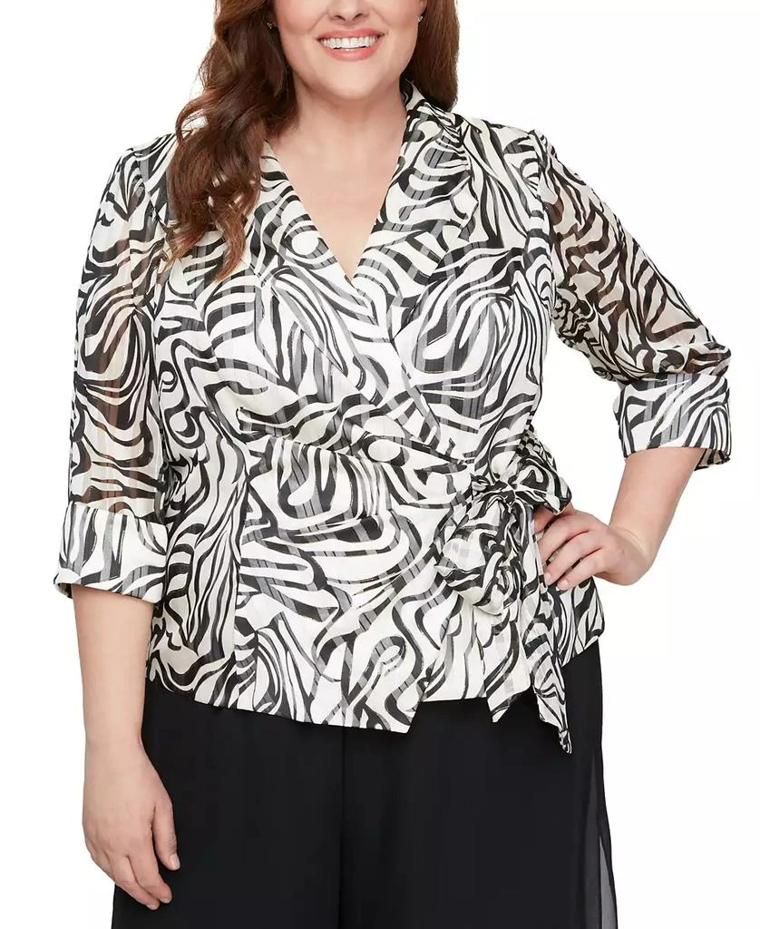 Alex Evenings Plus Size Printed 3/4-Sleeve Wrap Blouse Shirts