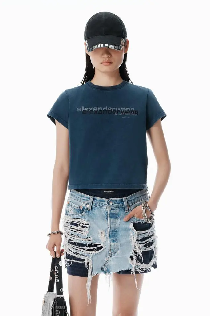 Alexander Wang Navy Cotton Shrunken Logo Tee