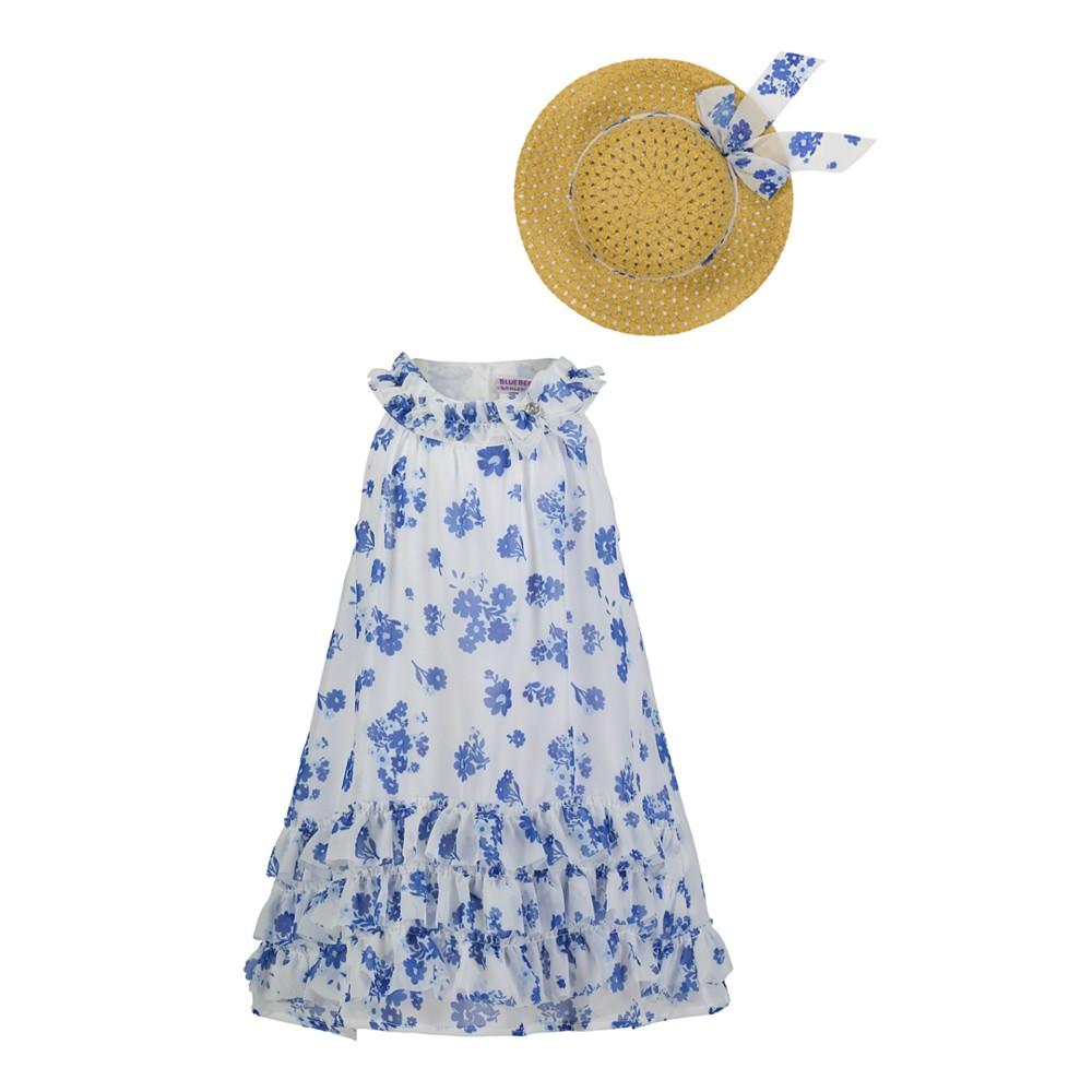 Blueberi Boulevard Baby Girls Ruffle-Trim White Blue Swing Dress Sun Hat