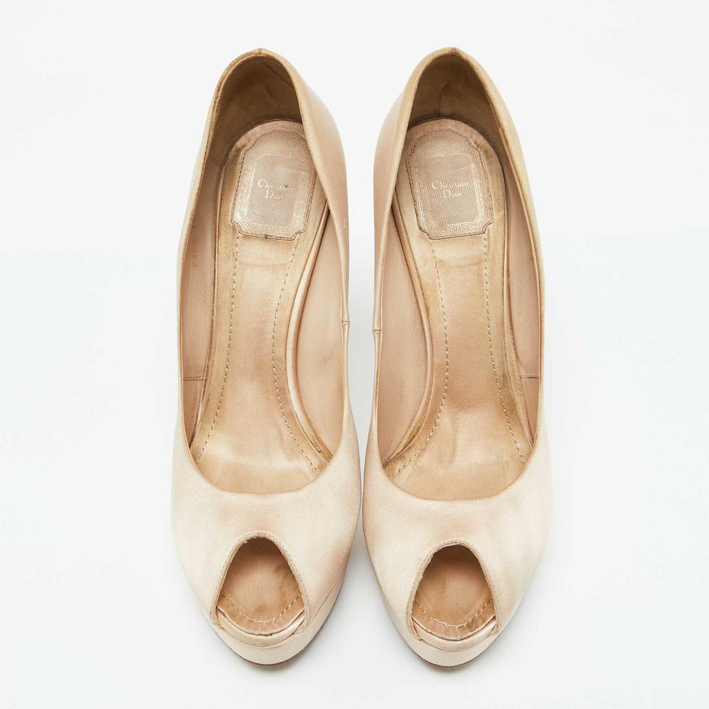 Dior Beige Satin Cannage Heel Peep Toe Platform Pumps Size