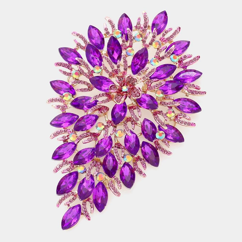 FASHNZFAB Flower Centered Marquise Stone Cluster Vine Pin Brooch