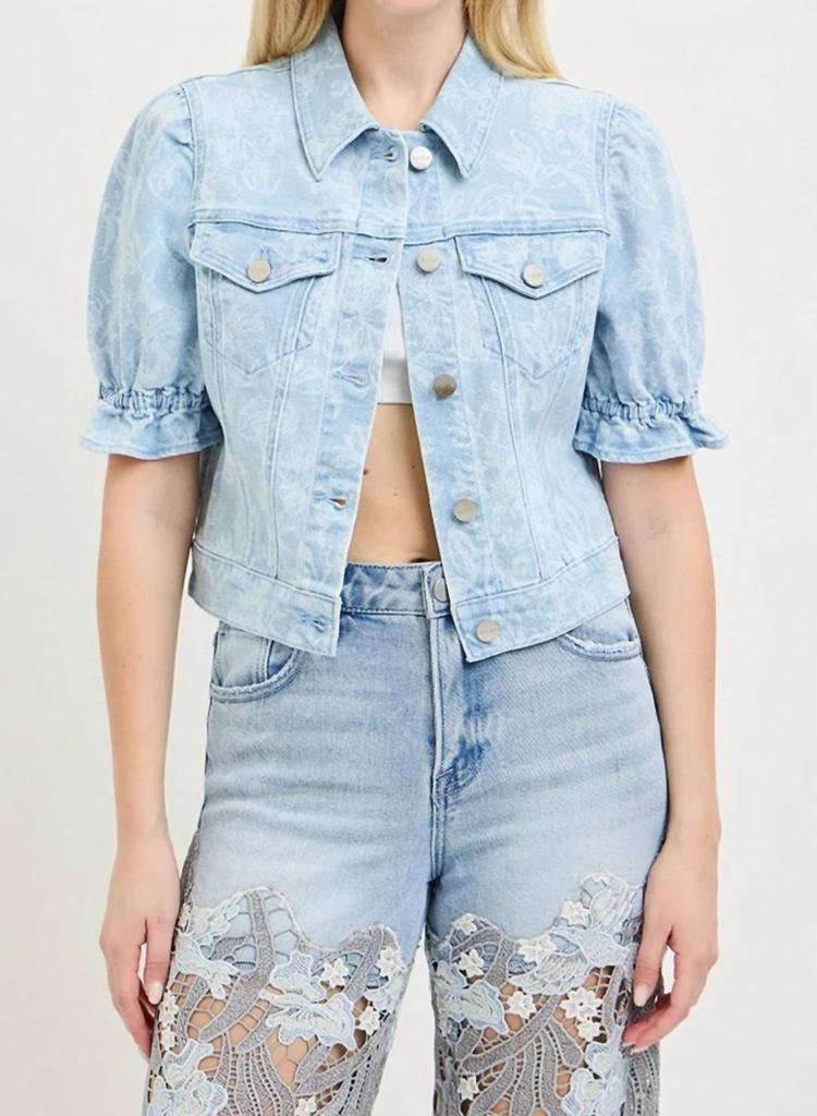RISEN Risen - Women's Floral Puff Sleeve Cropped Denim Jacket