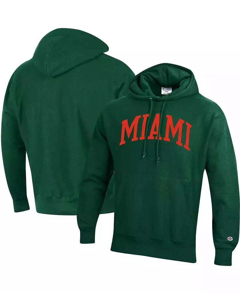 CHAMPION Men
s Green Miami Hurricanes Team Arch Reverse Weave Pullover Hoodie 1