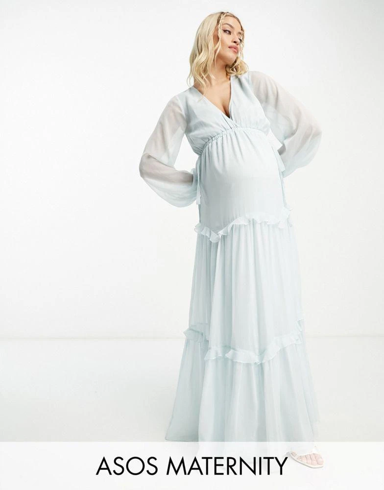 ASOS Maternity ASOS DESIGN Maternity Exclusive long sleeve skater tiered maxi dress with cut out waist and tie detail in baby blue 1