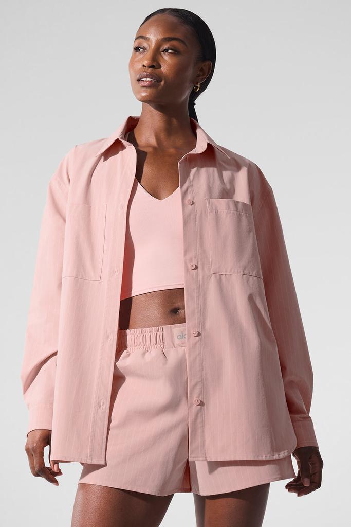 alo ピンク ストライプ 長袖シャツ Alo Pinstripe Daylight Button Down Long Sleeve - Pink Quartz/Ivory