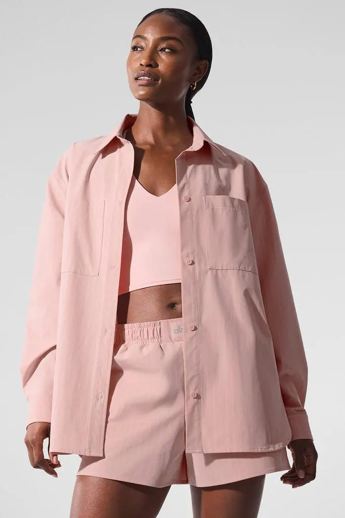 Alo Pinstripe Daylight Button Down Long Sleeve - Pink Quartz/Ivory 