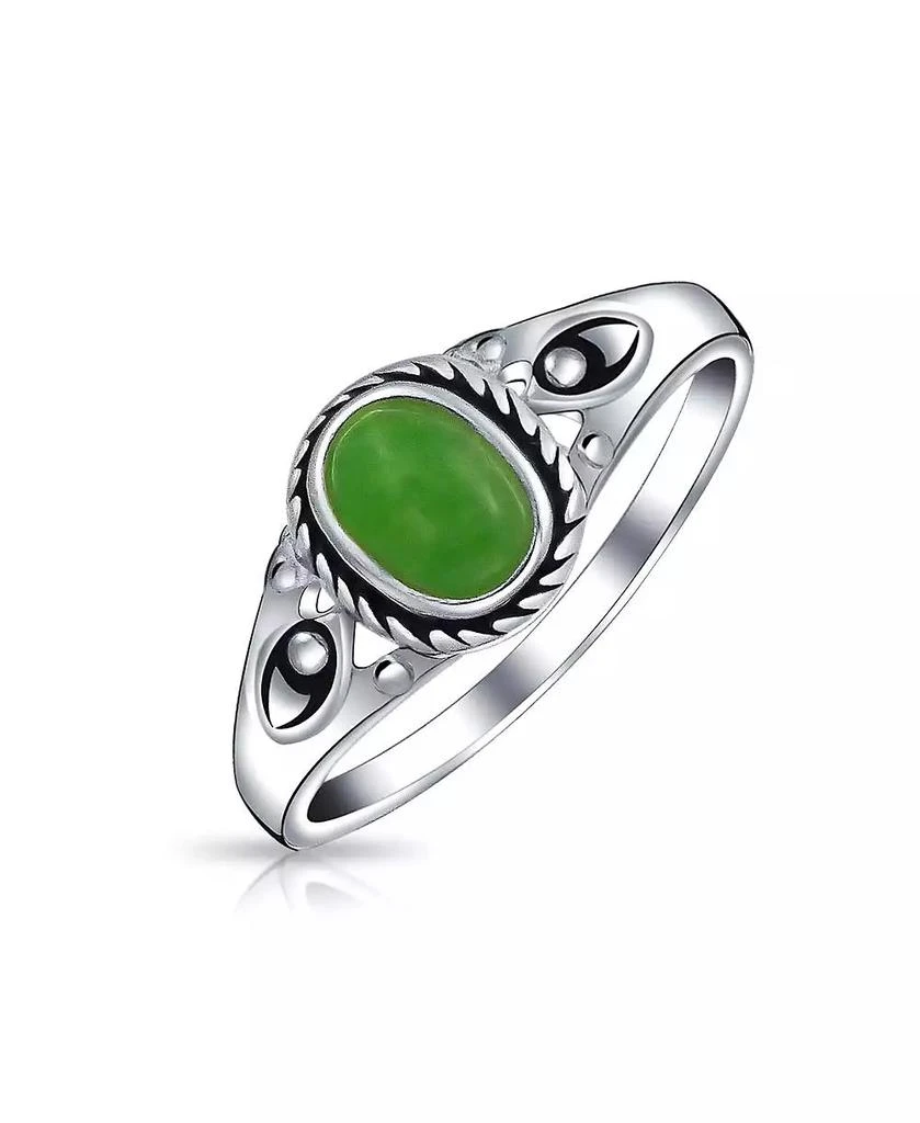 Bling Jewelry Petite Cabochon Boho Fashion Bali Style Oval Dyed Green Jade Bezel Filigree Band Ring .925 Sterling Silver