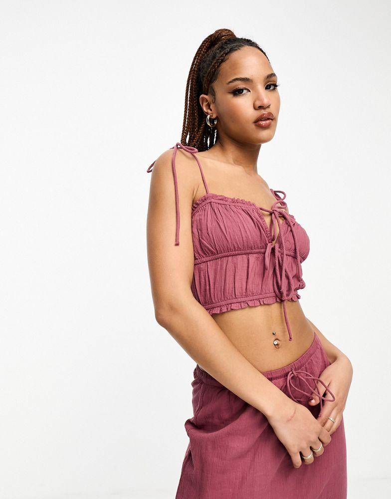 Pull&Bear Pull&Bear linen look tie detail top co-ord in maroon