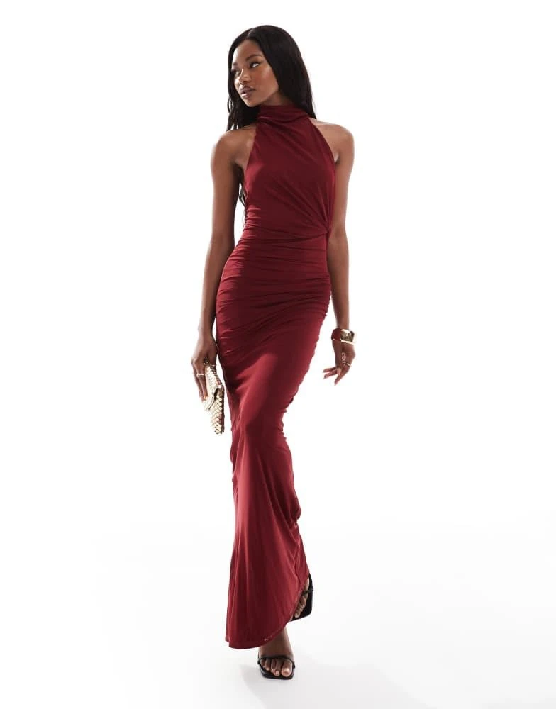 ASOS ASOS DESIGN mesh twist bust detail halter maxi dress with tie back neck  in wine - Dresses & Skirts - Free Shipping - BeyondStyle