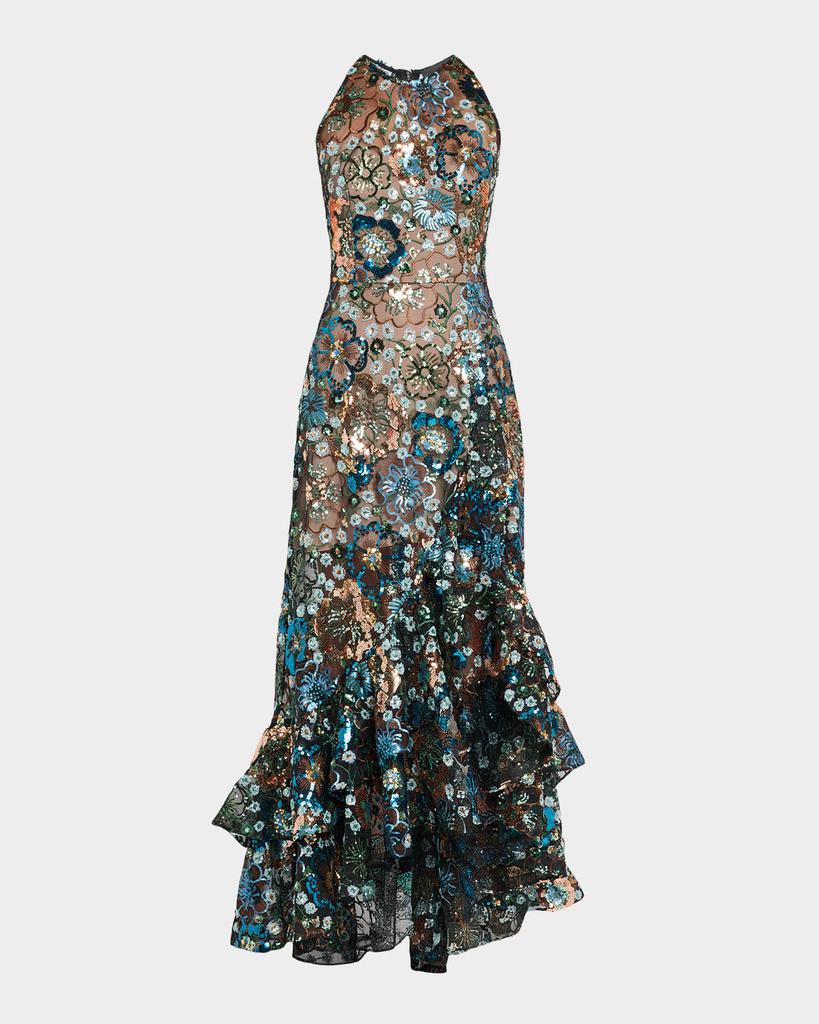 BRONX AND BANCO Sicilia Sequin Floral High-Low Ruffle Gown