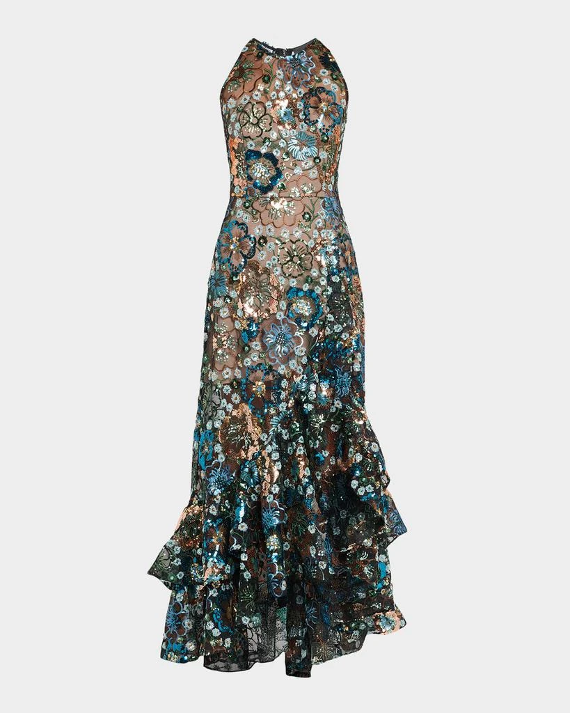 BRONX AND BANCO Sicilia Sequin Floral High-Low Ruffle Gown