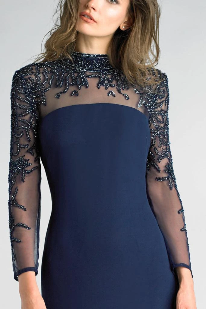 Basix Black Label Basix Beaded Mock Neck Long Sleeve Sheer Yoke Gown In Lightweight Fabric 3