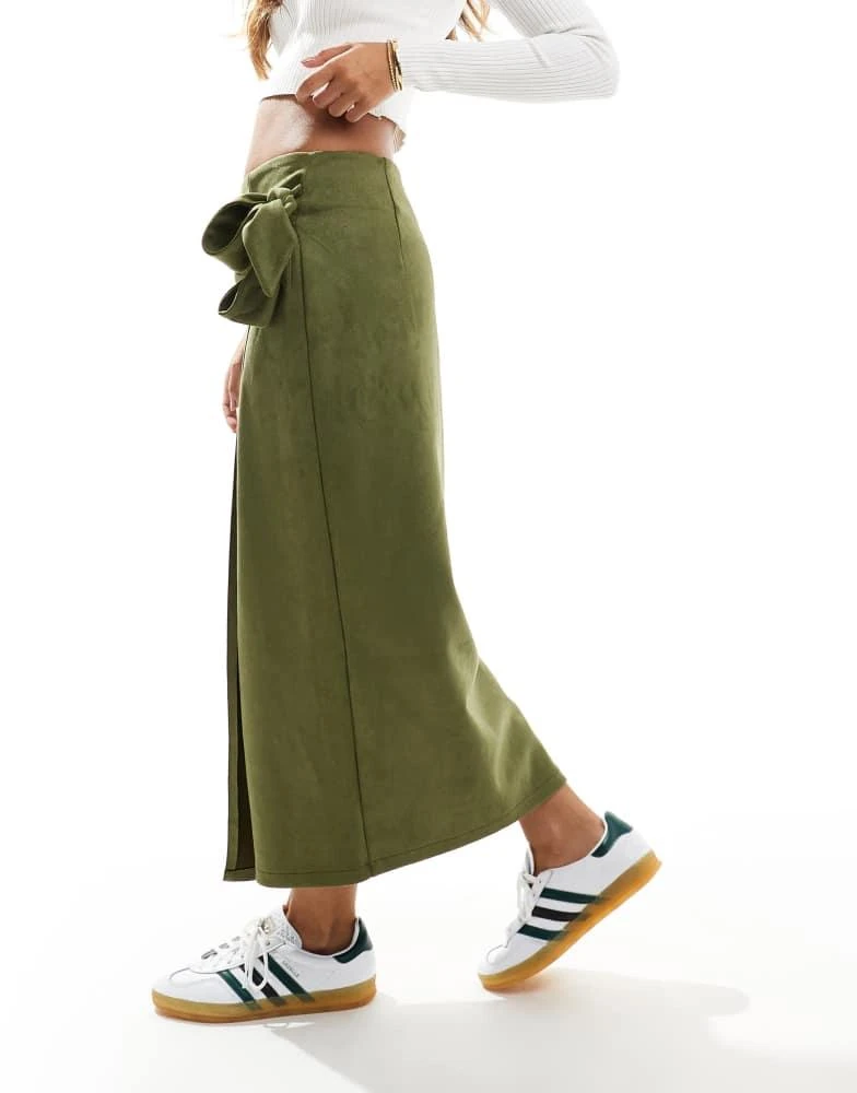 ASOS ASOS DESIGN wrap tie detail faux suede maxi skirt in khaki 4