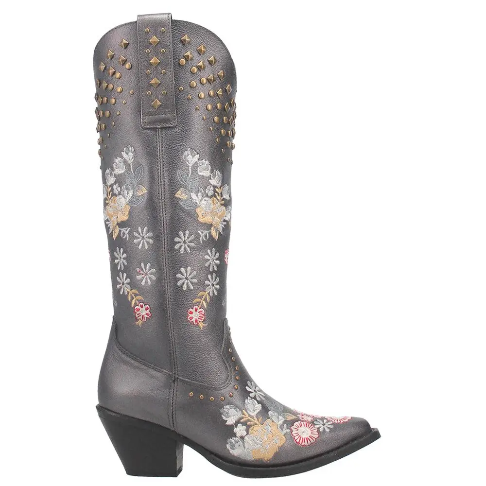 Dingo Poppy Floral Embroidered Metallic Studded Snip Toe Pull On Cowboy Boots