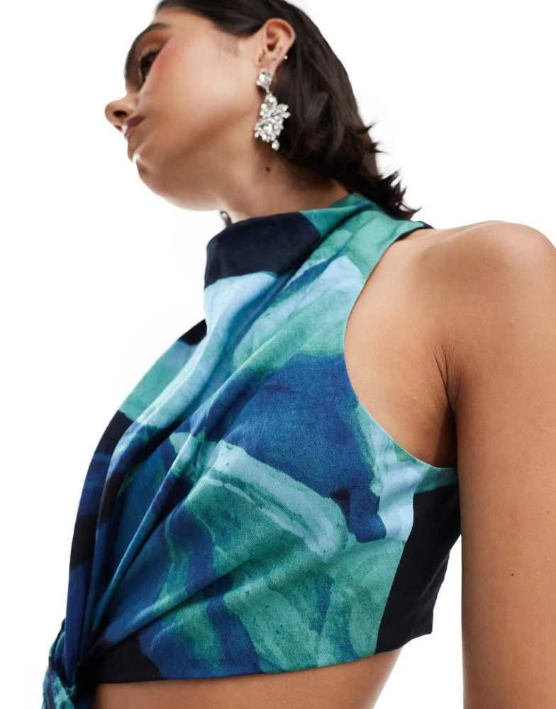 ASOS ASOS DESIGN racer neck maxi dress with twist waist detail in blue abstract print 2