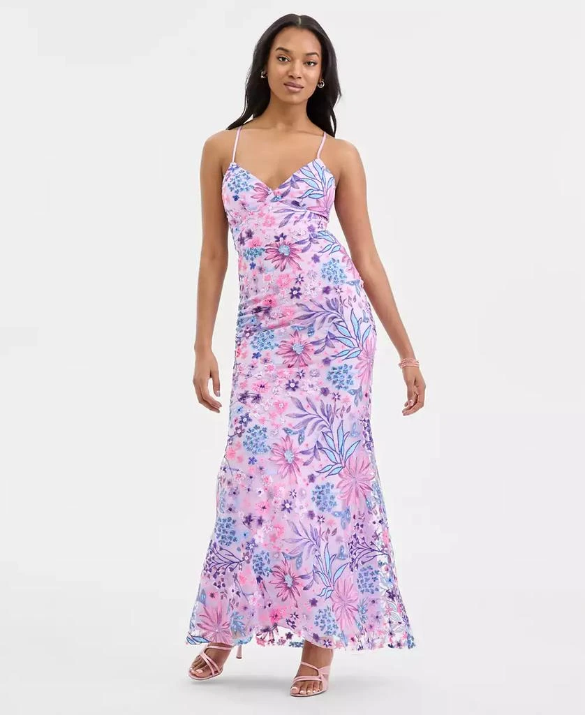 City Studios Juniors
 Floral-Sequinned Evening Gown, Created for Macy
s