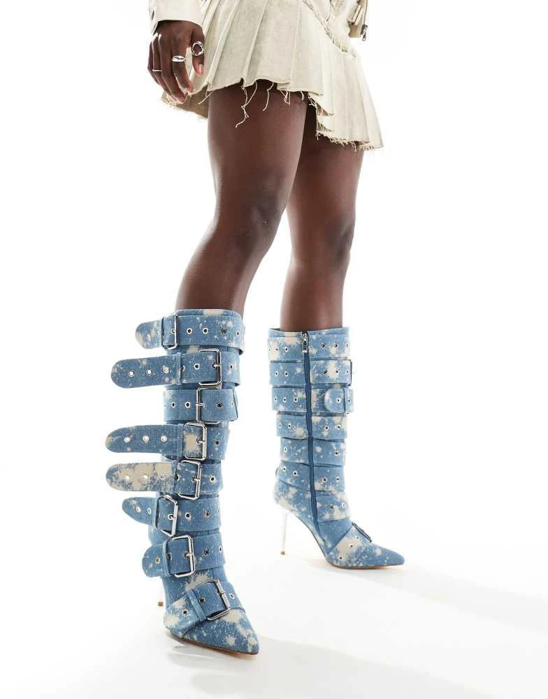 AZALEA WANG Azalea Wang Sedna buckle knee boots in denim 4