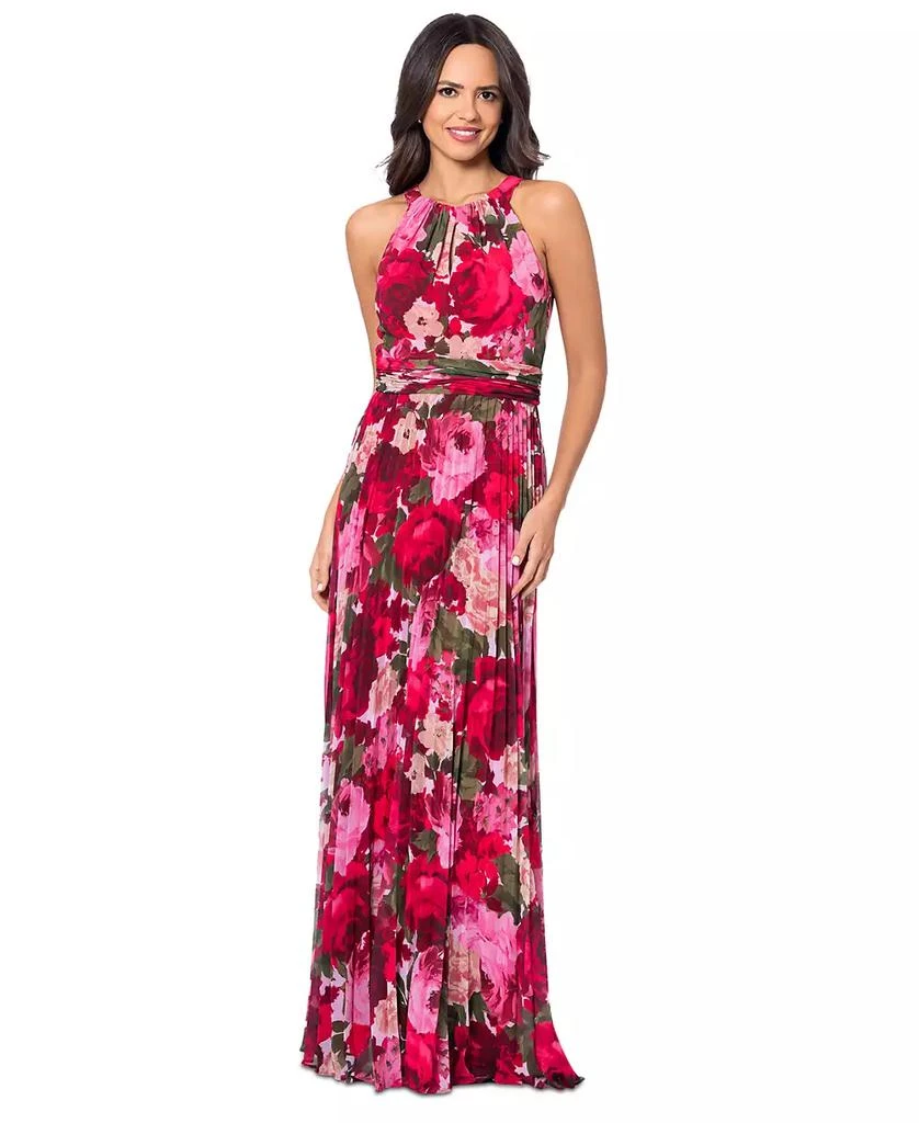 XSCAPE Women's Pleated Floral Chiffon Halter Dress 1