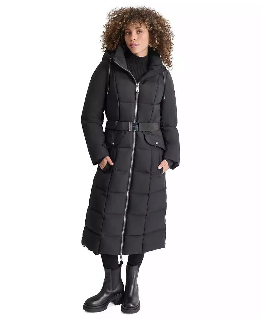 DKNY Womens Maxi Belted Hooded Puffer Coat 1